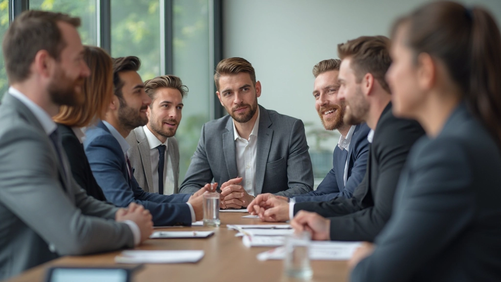 Tím ľudí sedí okolo stola a aktívne komunikuje