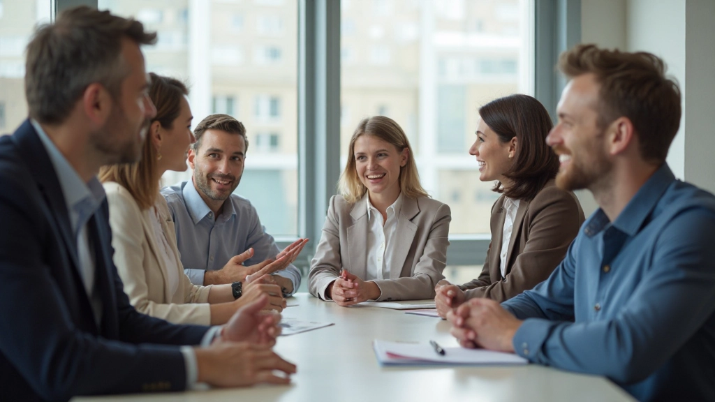 Skupina profesionálov sa zapája do skupinovej diskusie v modernej kancelárskej miestnosti s pozitívnym výrazom