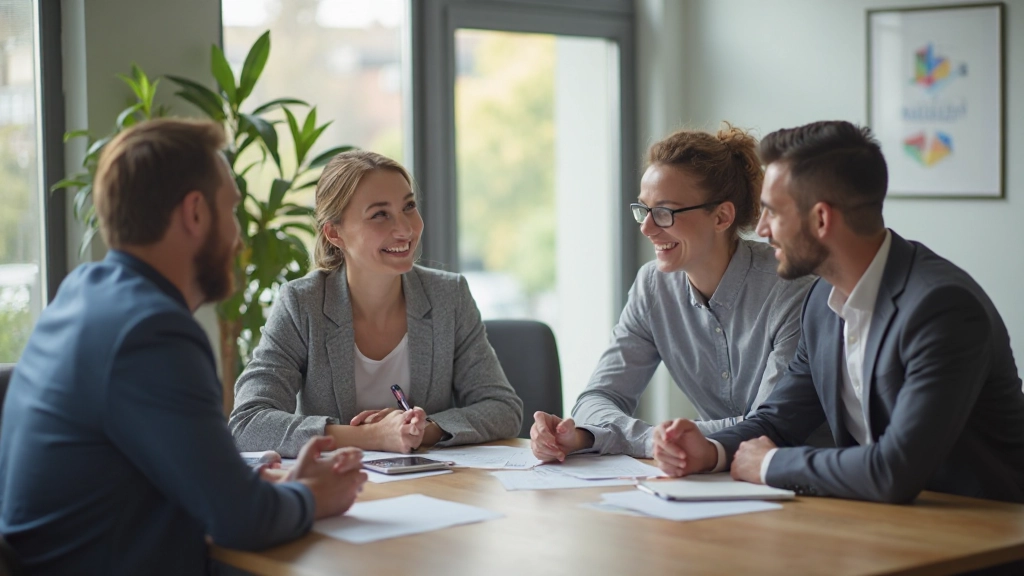 Diverse team members engaging in collaborative discussion around wooden table