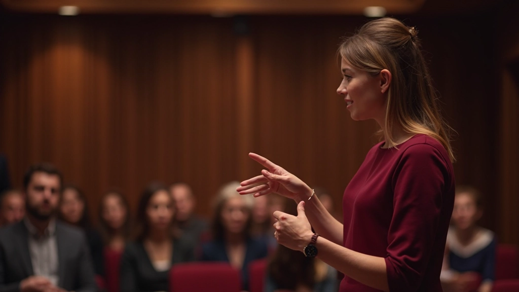 Profesionálny rečník stojí pred publikom s sebavedomým postojom