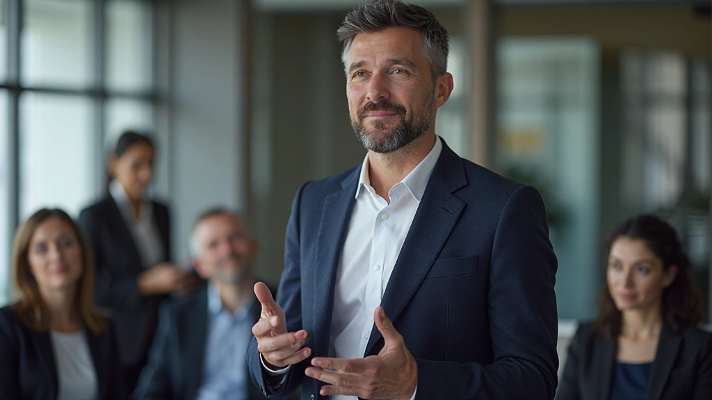 Vedúci na konferencii hovorí s sebavedomým postojom a vhodným zrakovým kontaktom s publikom