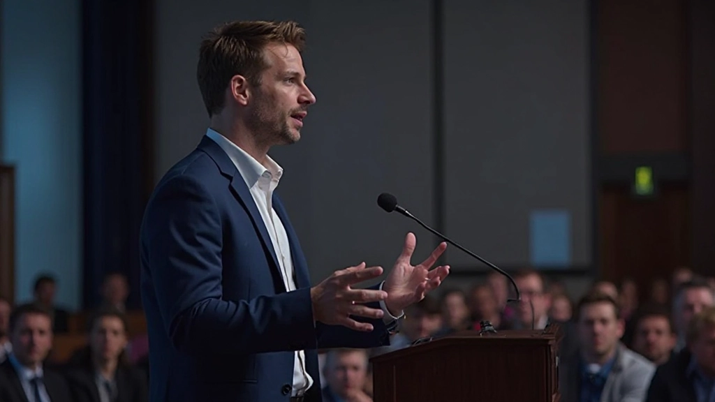 Prezentér pred publikom na konferencii s prednáškovým pultom