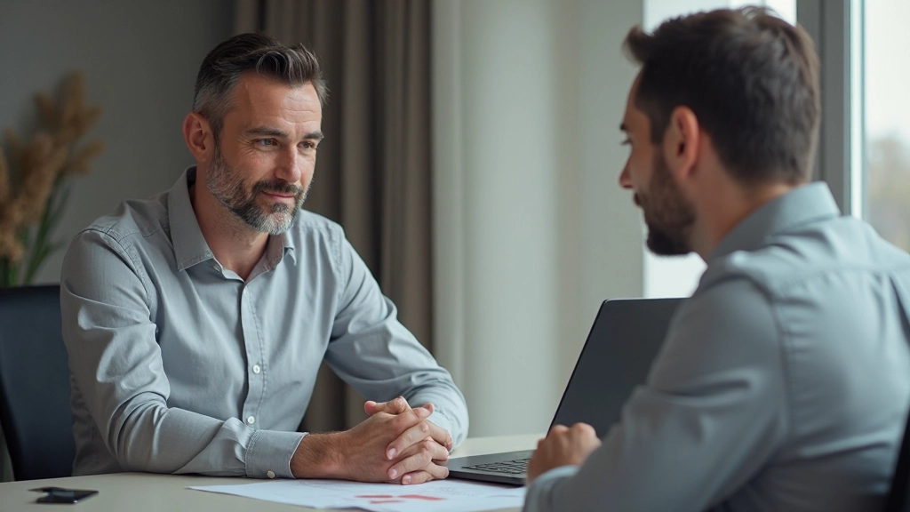 Man engaged in professional conversation with colleague at office meeting table