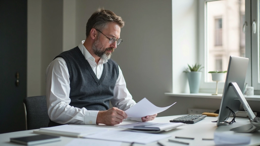 Professional man preparing presentation materials and notes at organized desk