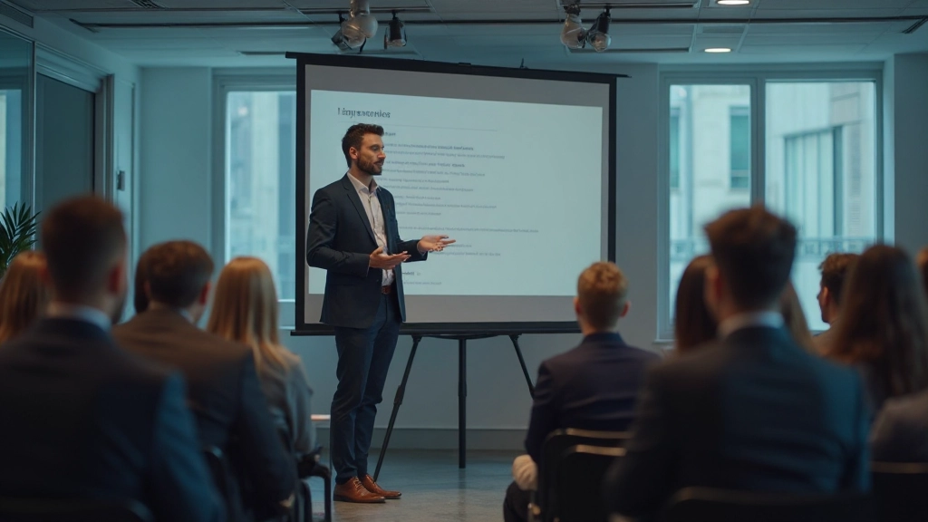 Profesionálna prezentácia v konferenčnej sále s vysloviteľom a publikom