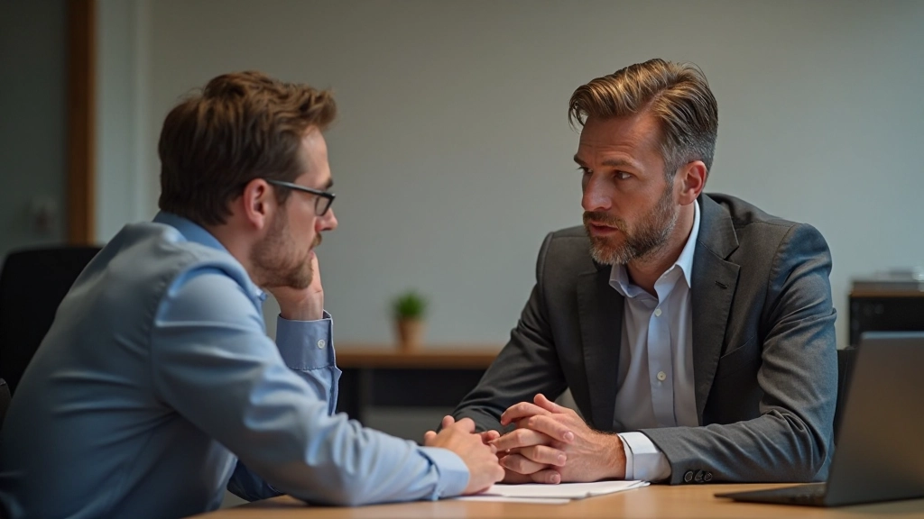 Dvaja kolegovia vedúci profesionálny rozhovor s aktívnym počúvaním a okom kontaktu