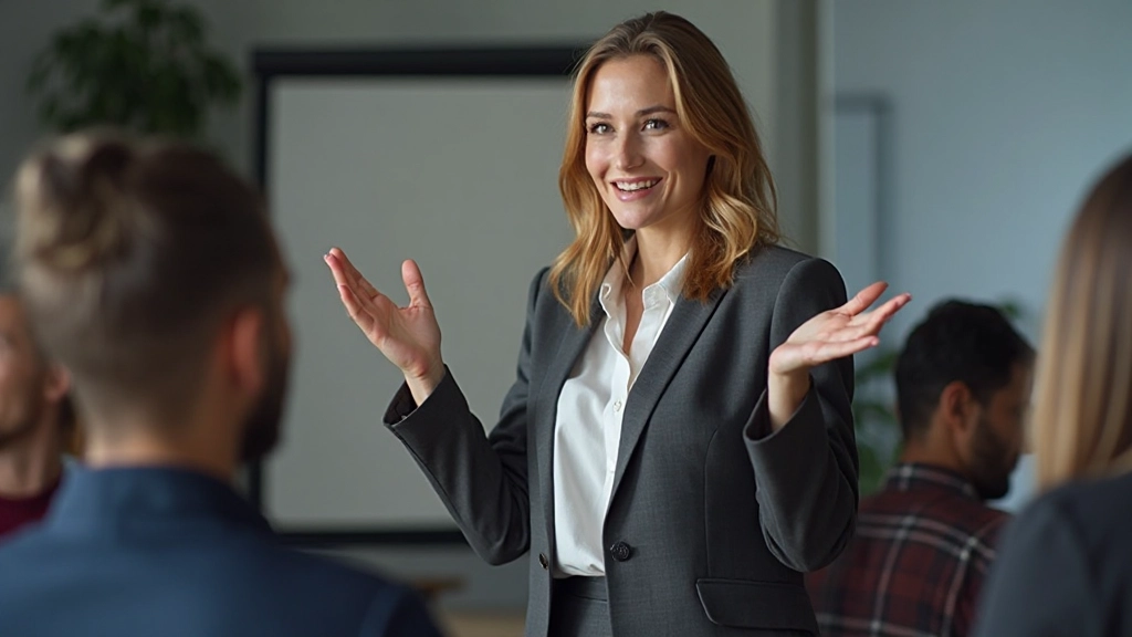 Žena výrazne gestikuluje počas tímovej prezentácie v korporátnom prostredí