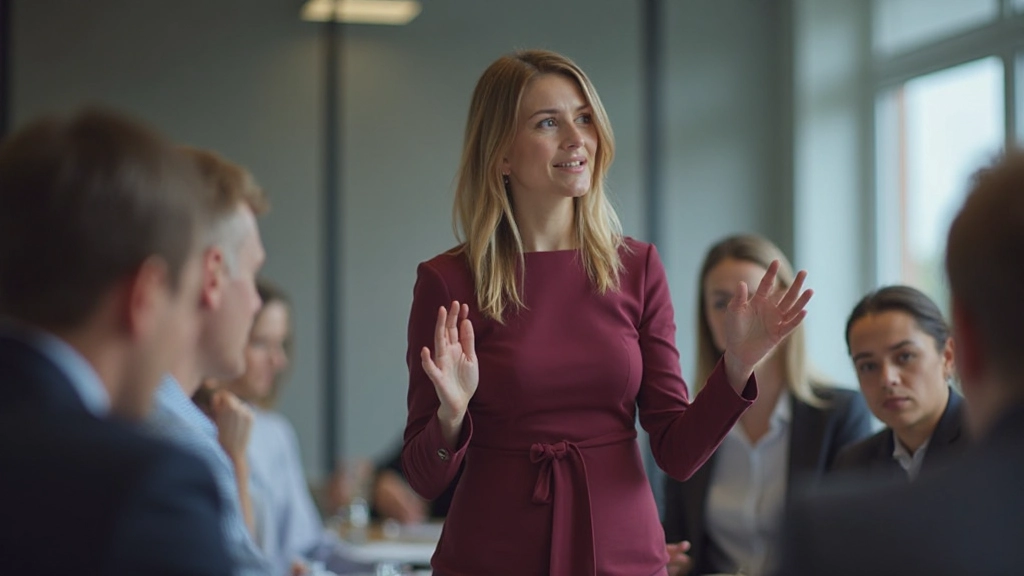 Professional woman gesturing expressively during team presentation in corporate setting