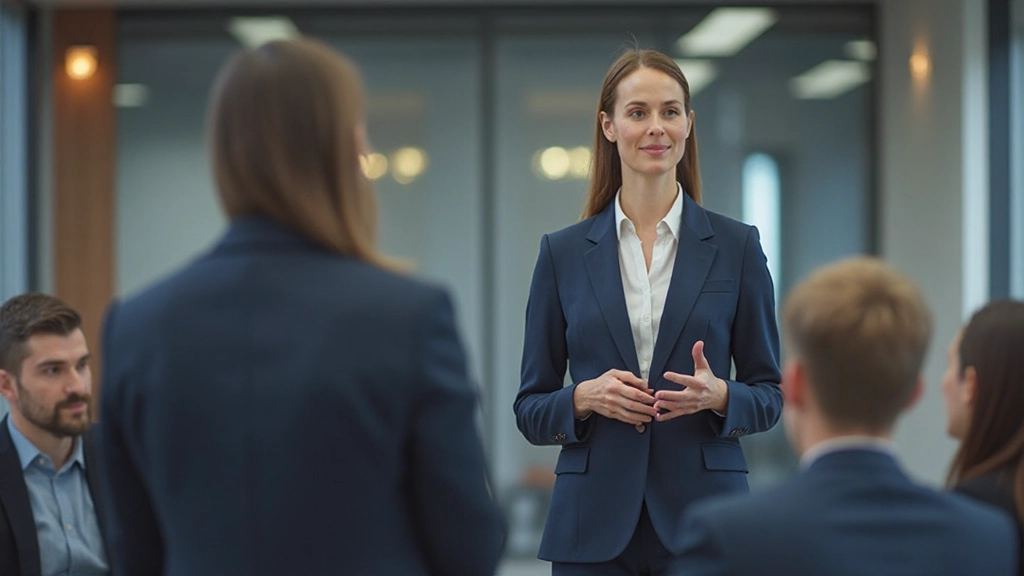 Profesionálna žena demonštruje základy verejného vystupovaní pred skupinou v modernej zasadačke