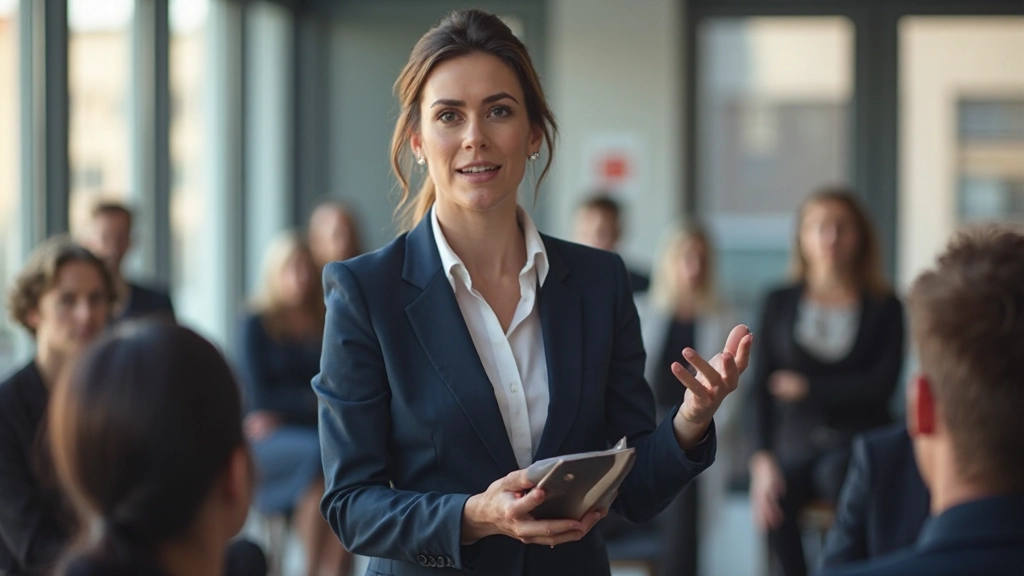 Professional woman delivering presentation to audience in modern conference room