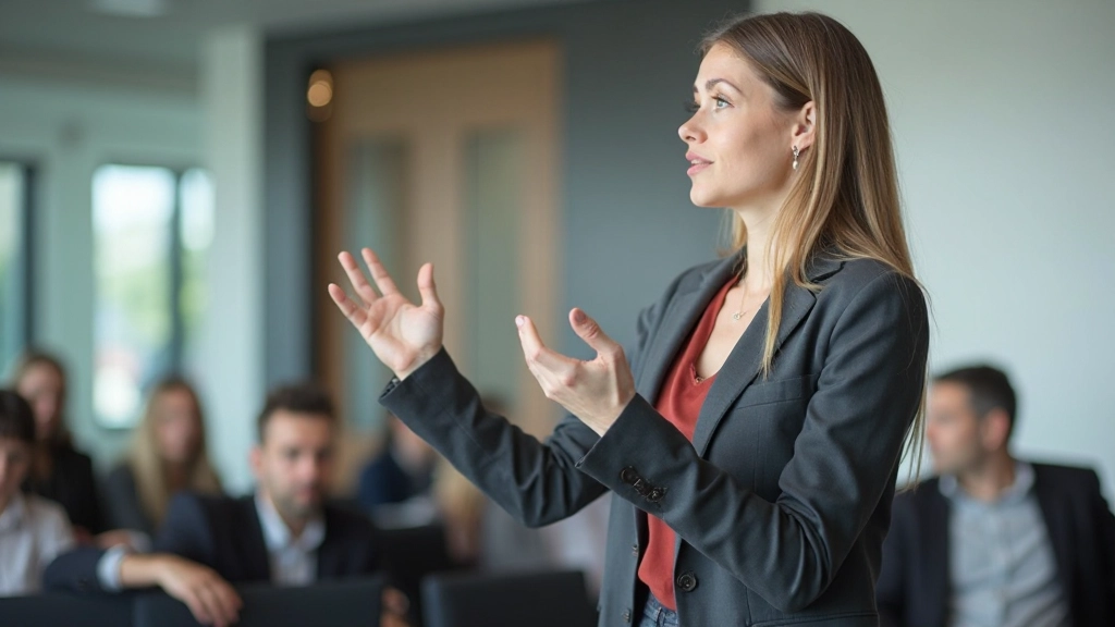 Prezentér s otvorenými gestami pred publikom